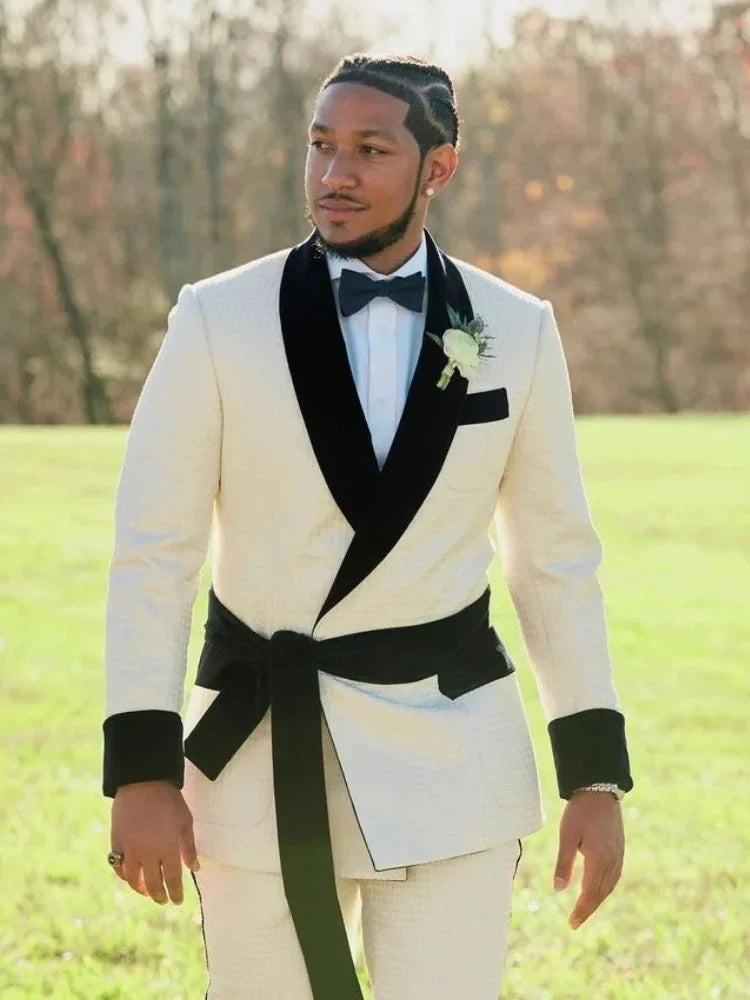 Costumes de mariage africains pour hommes, coupe ajustée, 2 pièces, veste formelle, pantalon, ceinture, revers châle, smoking de marié