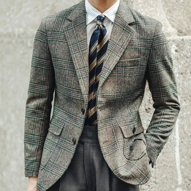 Men's Wool Blend Glen Plaid Blazer with Notch Lapel and Two-Button Closure