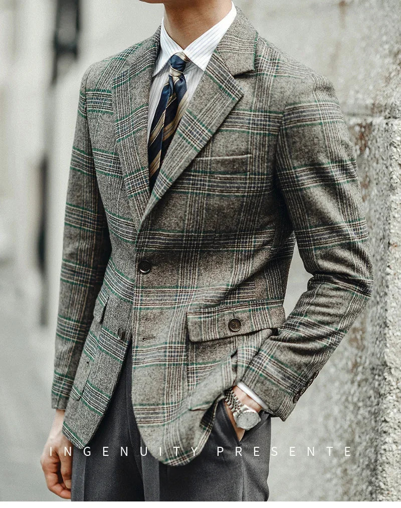 Men's Wool Blend Glen Plaid Blazer with Notch Lapel and Two-Button Closure