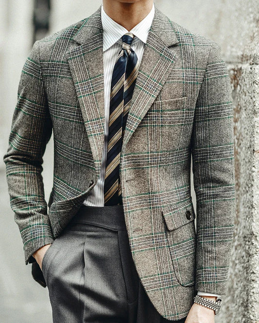 Men's Wool Blend Glen Plaid Blazer with Notch Lapel and Two-Button Closure