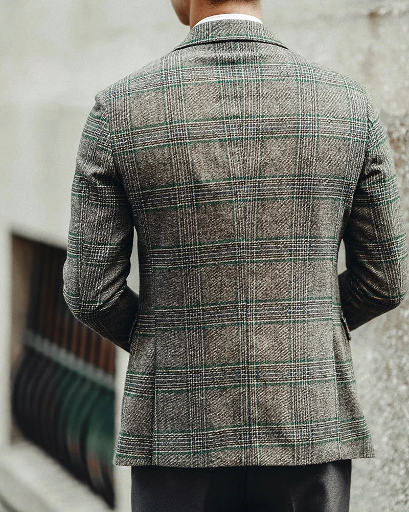Men's Wool Blend Glen Plaid Blazer with Notch Lapel and Two-Button Closure