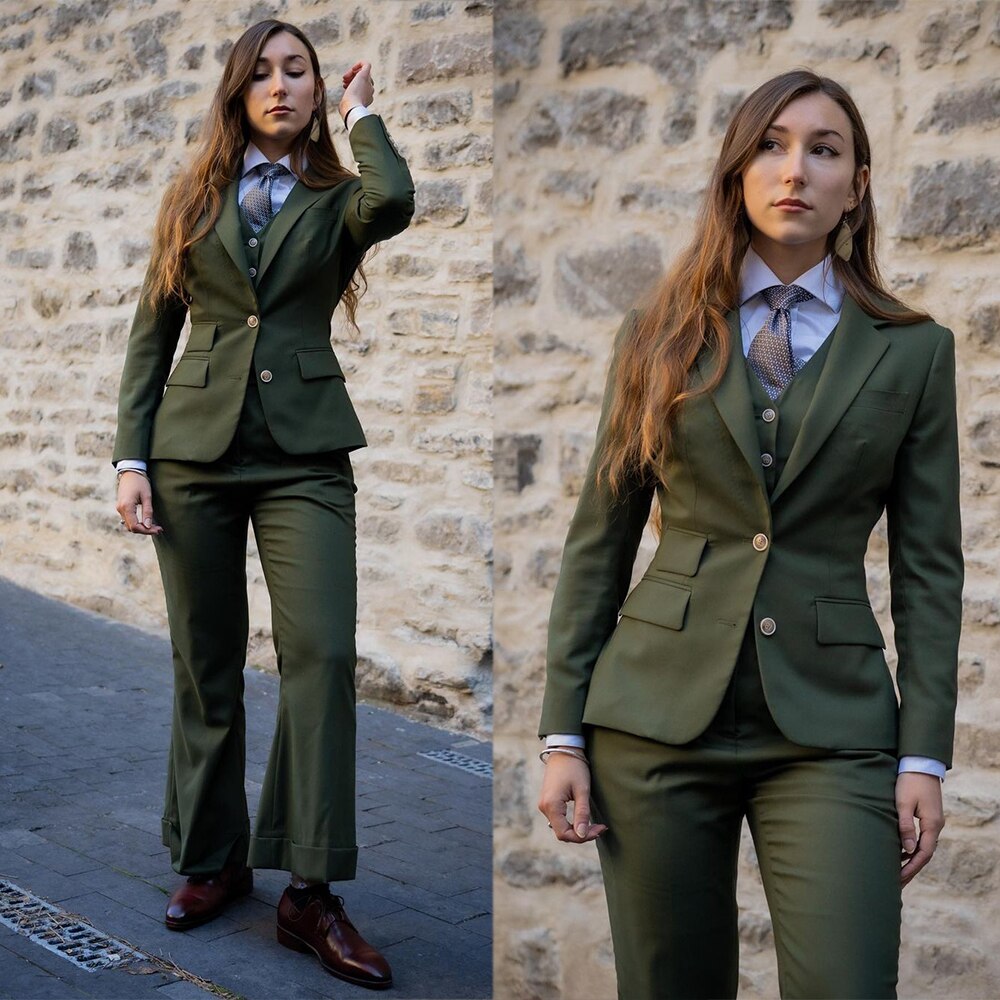 Costume blazer vert armée pour femme, coupe slim, tenue de soirée, de mariage, 3 pièces 