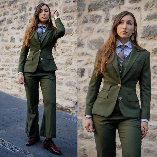 Army Green Women Blazer Suits Street Power Slim Fit Evening Party Formal Outfit Wedding Wear 3 Pieces