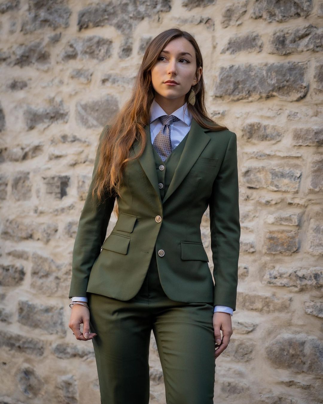 Costume blazer vert armée pour femme, coupe slim, tenue de soirée, de mariage, 3 pièces 