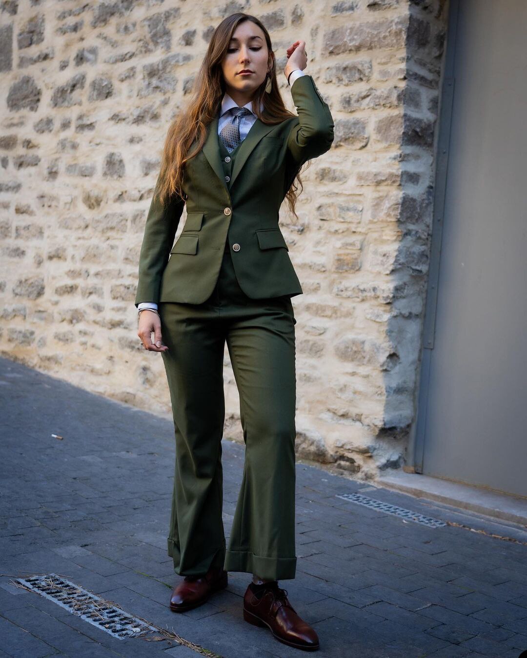 Costume blazer vert armée pour femme, coupe slim, tenue de soirée, de mariage, 3 pièces 