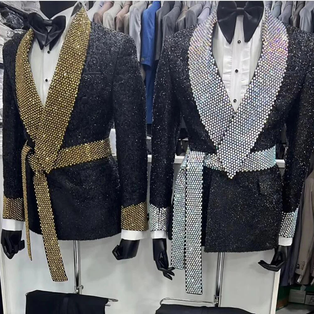 Men's Sequin Blazer Jacket with Crystal Embellishments and Belted Waist Party Wear Dinner Tuxedo in Gold and Silver