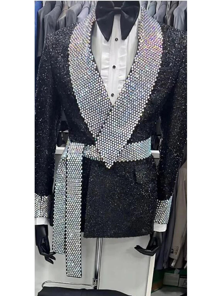Veste blazer à paillettes pour homme avec ornements en cristal et ceinture à la taille, tenue de soirée, smoking de dîner en or et argent