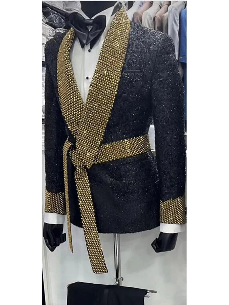 Veste blazer à paillettes pour homme avec ornements en cristal et ceinture à la taille, tenue de soirée, smoking de dîner en or et argent