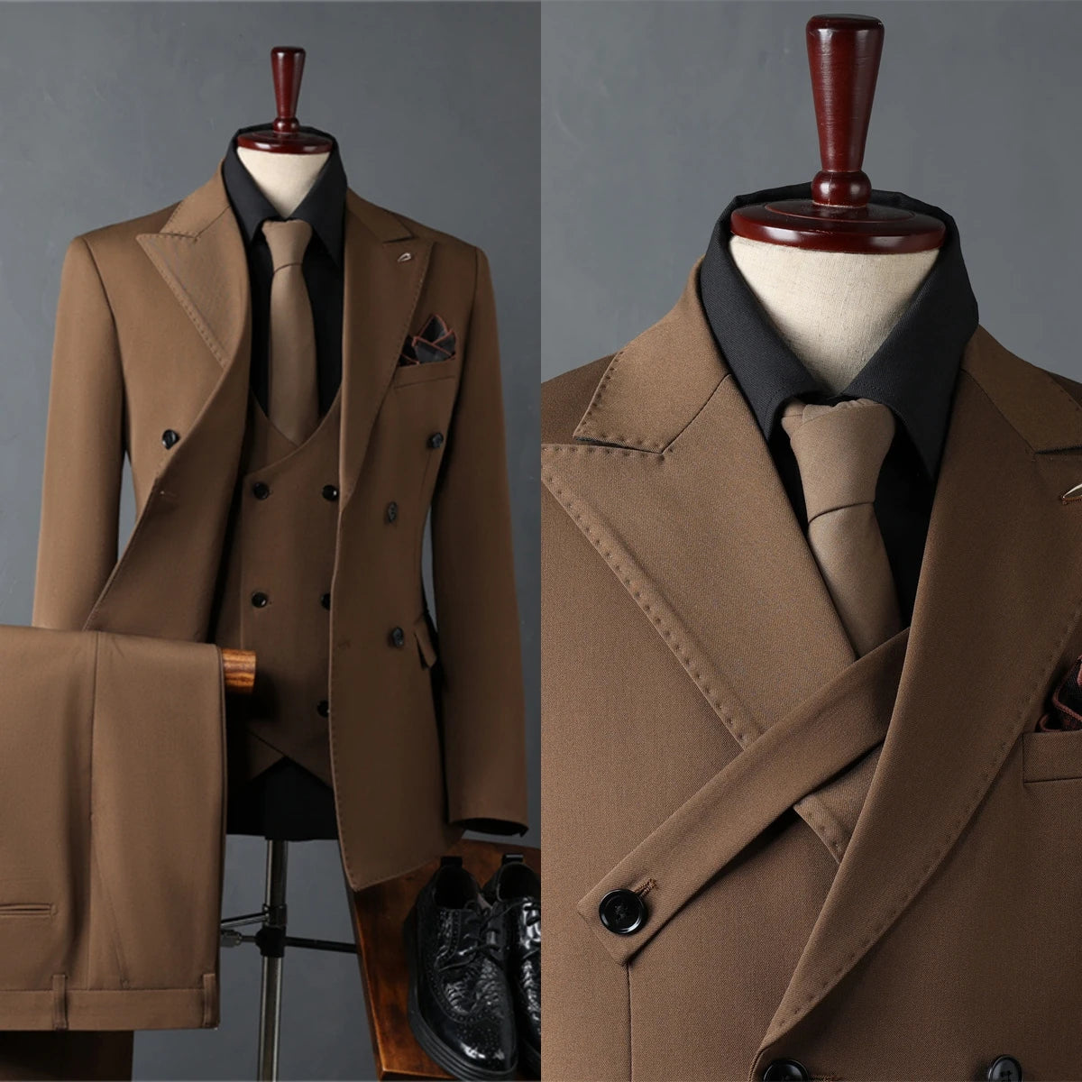 Conjunto de traje liso de tres piezas para hombre, traje formal de doble botonadura, manga larga, esmoquin de negocios para hombre.