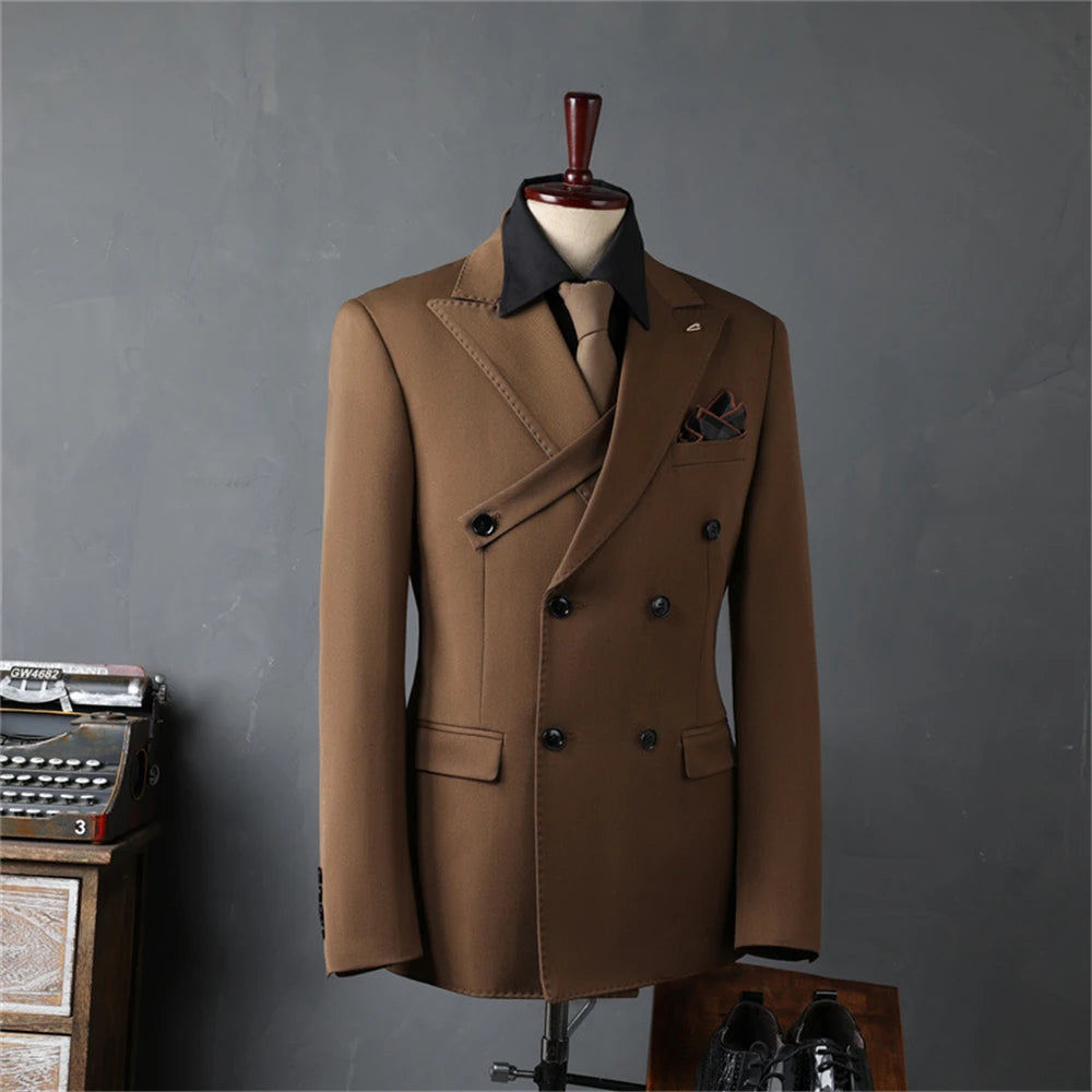 Conjunto de traje liso de tres piezas para hombre, traje formal de doble botonadura, manga larga, esmoquin de negocios para hombre.