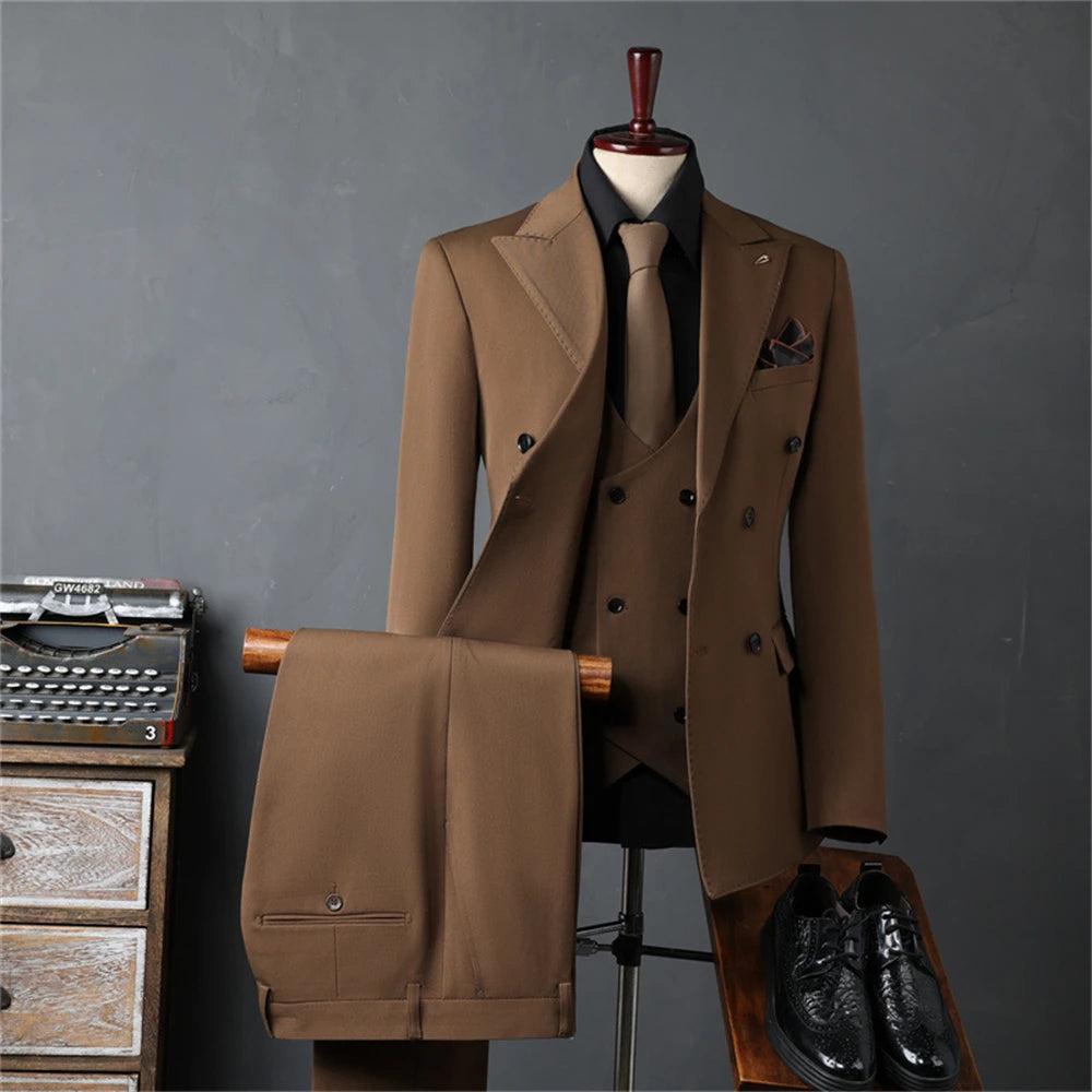 Conjunto de traje liso de tres piezas para hombre, traje formal de doble botonadura, manga larga, esmoquin de negocios para hombre.