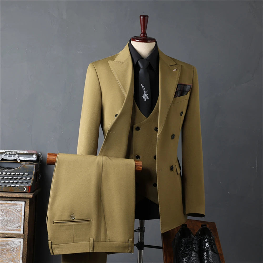 Conjunto de traje liso de tres piezas para hombre, traje formal de doble botonadura, manga larga, esmoquin de negocios para hombre.