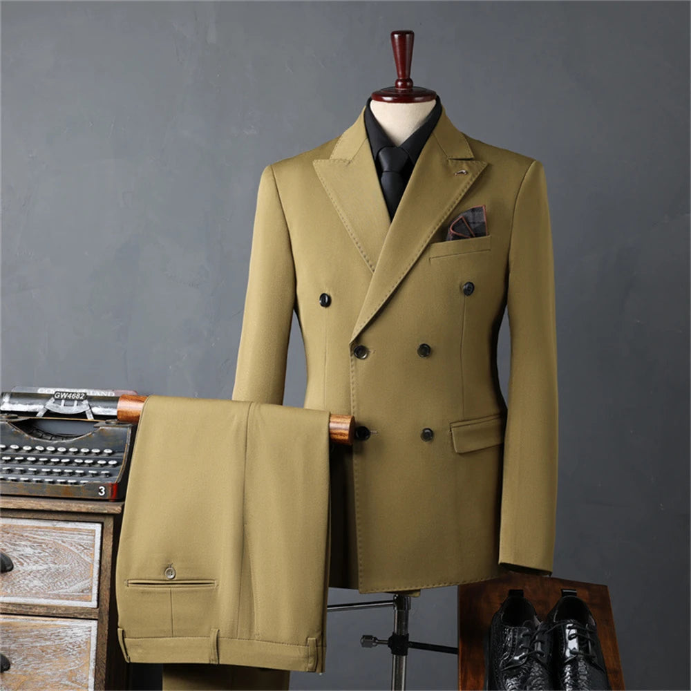 Conjunto de traje liso de tres piezas para hombre, traje formal de doble botonadura, manga larga, esmoquin de negocios para hombre.