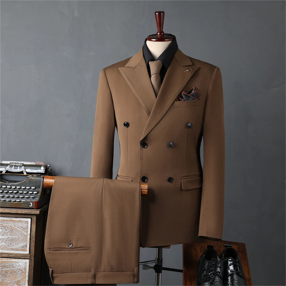 Conjunto de traje liso de tres piezas para hombre, traje formal de doble botonadura, manga larga, esmoquin de negocios para hombre.