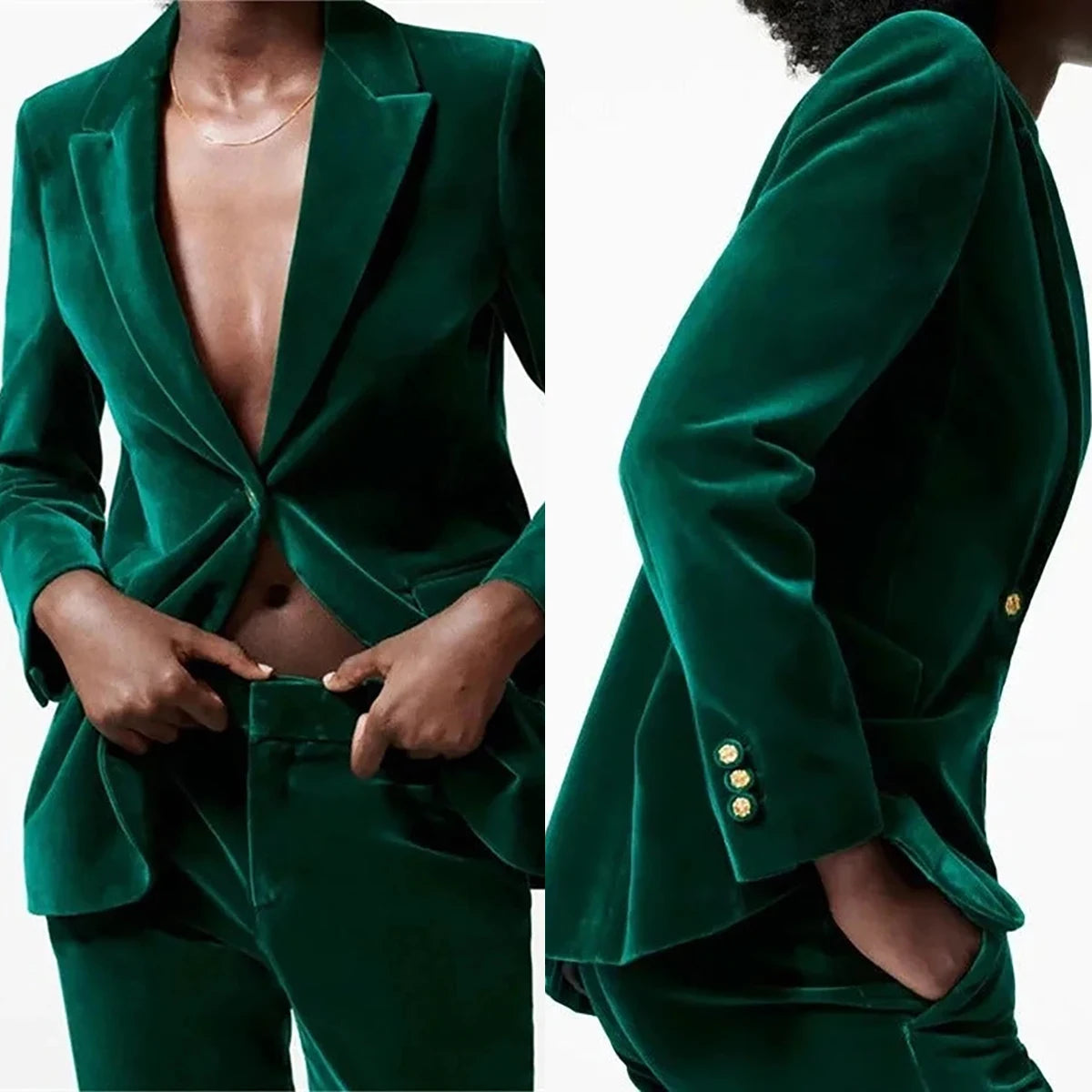 Trajes de pantalón de terciopelo de otoño para mujer, cuello en V, para fiesta de noche, esmoquin holgado de 2 piezas, chaqueta y pantalón. 