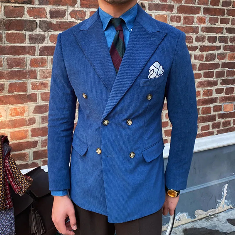 Blazer croisé élégant en velours côtelé bleu pour homme – Veste de costume slim de luxe pour mariages, dîners et événements spéciaux