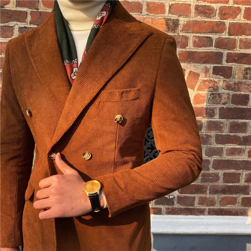 Blazer croisé élégant en velours côtelé bleu pour homme – Veste de costume slim de luxe pour mariages, dîners et événements spéciaux