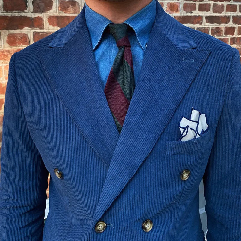 Blazer croisé élégant en velours côtelé bleu pour homme – Veste de costume slim de luxe pour mariages, dîners et événements spéciaux