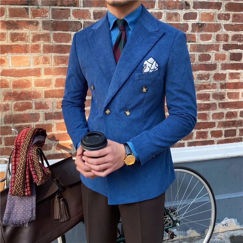 Blazer croisé élégant en velours côtelé bleu pour homme – Veste de costume slim de luxe pour mariages, dîners et événements spéciaux