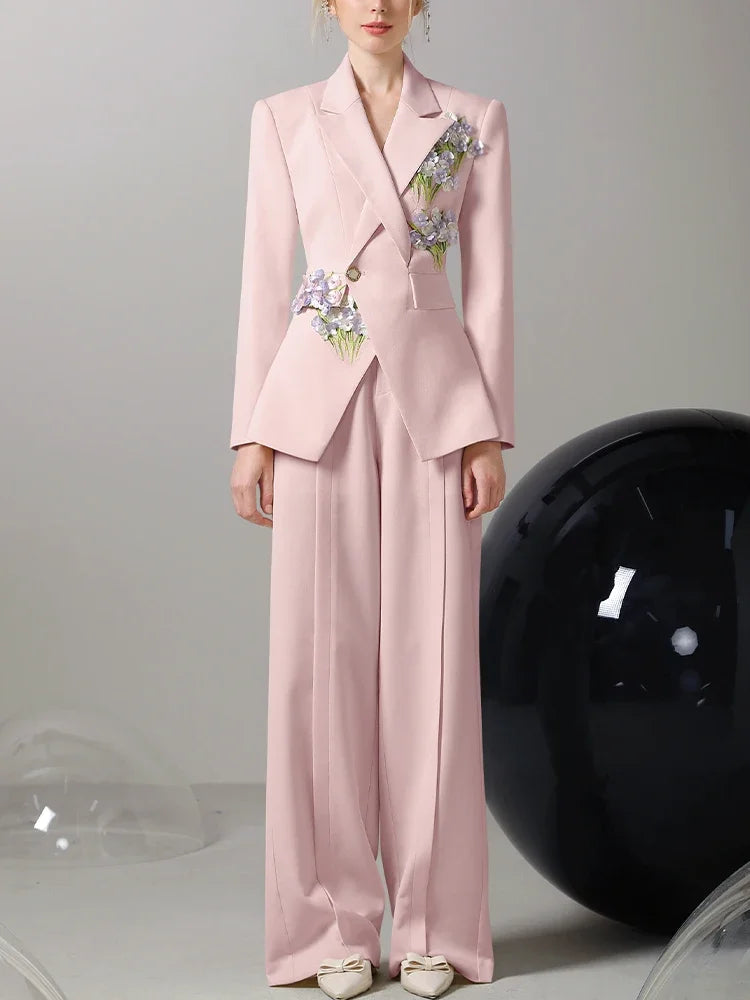 Women's New Fashion Design Suit Jacket High Waist Wide Leg Trousers Office Ladies Professional 2 Pieces Sets