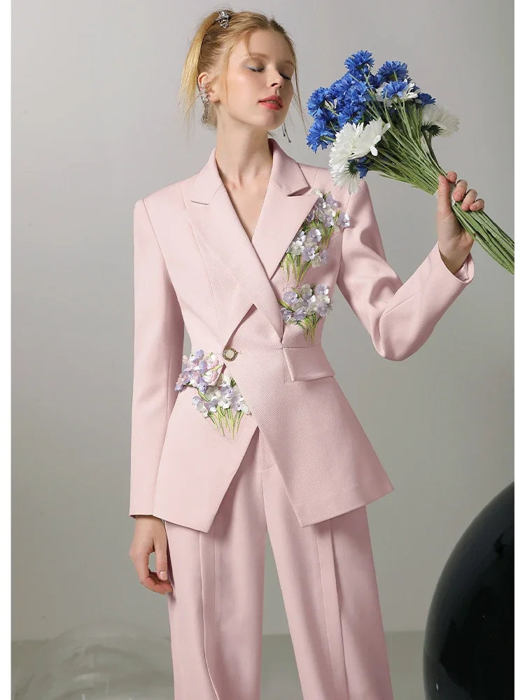 Women's New Fashion Design Suit Jacket High Waist Wide Leg Trousers Office Ladies Professional 2 Pieces Sets