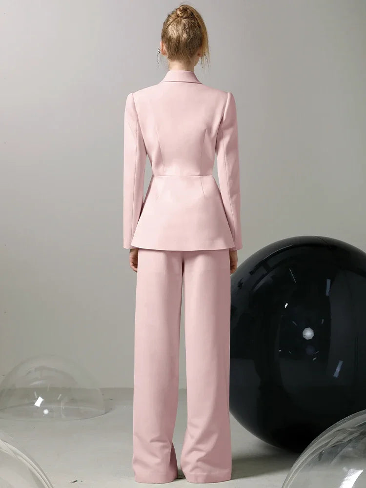 Women's New Fashion Design Suit Jacket High Waist Wide Leg Trousers Office Ladies Professional 2 Pieces Sets