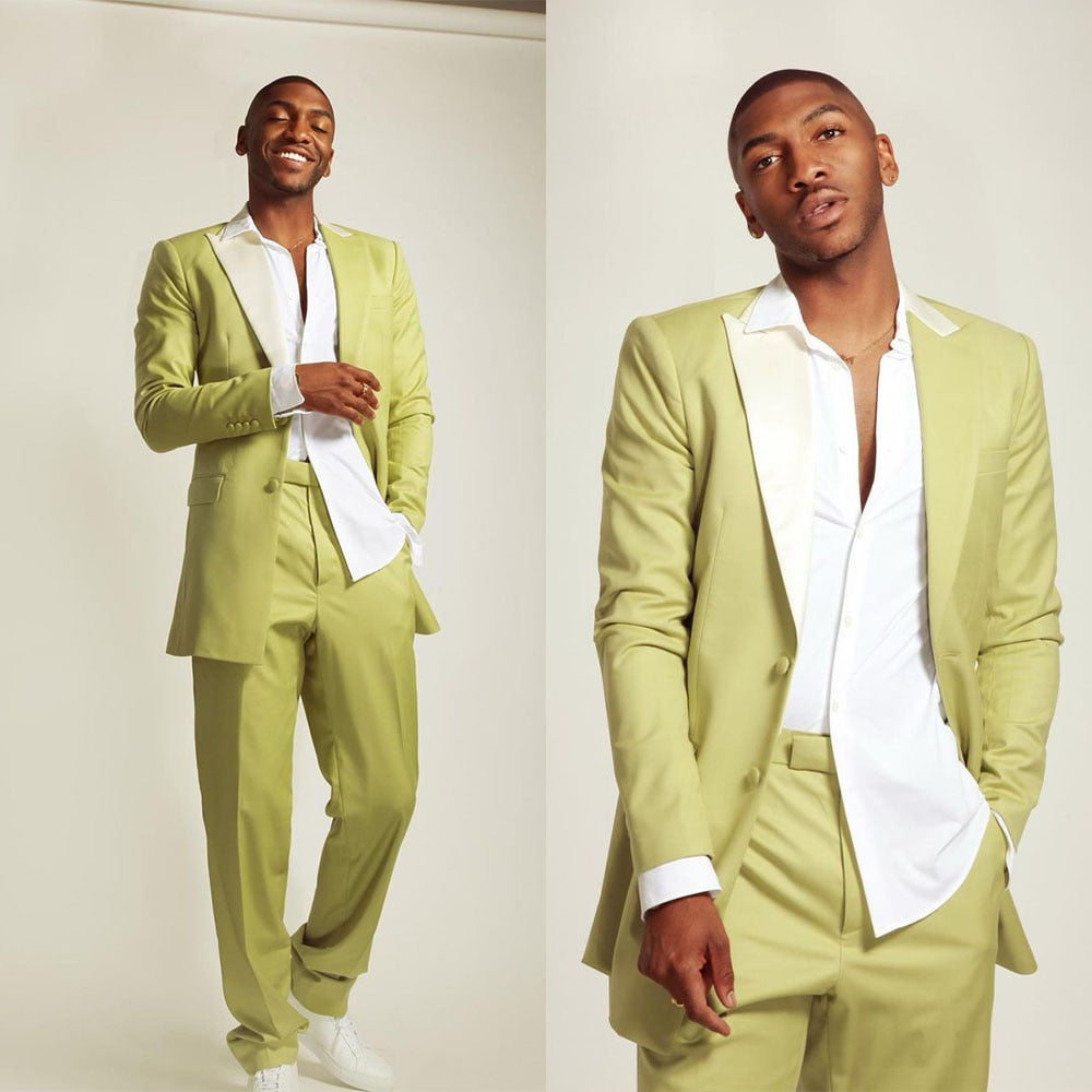Costume homme deux pièces couleur avocat, simple boutonnage, sur mesure, formel 