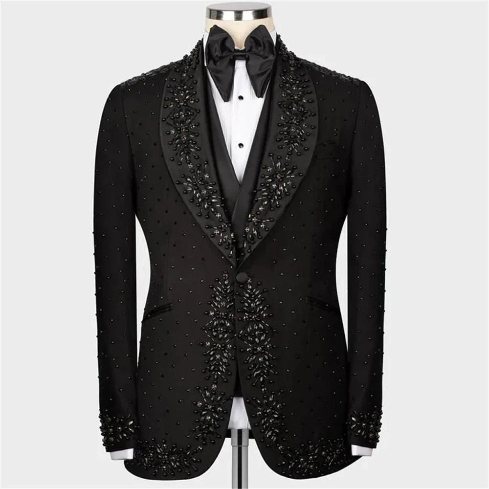 Costume de mariage 2 pièces pour homme, blazer, pantalon, smoking, un bouton, perles, diamants, costume de bal pour fête