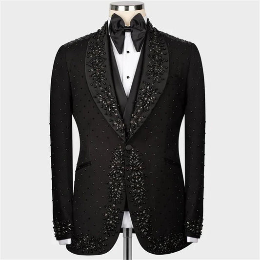 Fashion Wedding Men Suits 2 Pieces Groom Blazer Pants One Button Tuxedo Beadings Pearls Formal Diamonds Prom Suit for Party