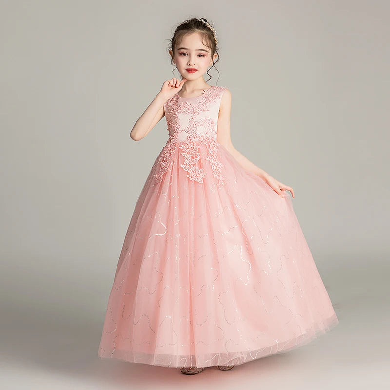 Girls Pink Sleeveless Lace Embellished Tulle Flower Girl Dress