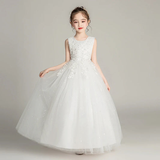 Girls Pink Sleeveless Lace Embellished Tulle Flower Girl Dress