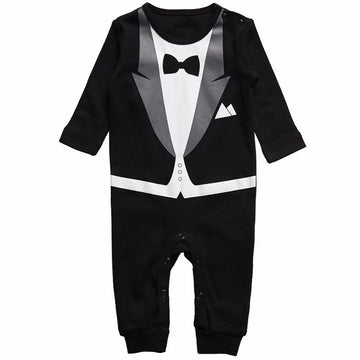 Baby Tuxedo Style Long Sleeve Romper Bowtie Print Onesie Jumpsuit Black White