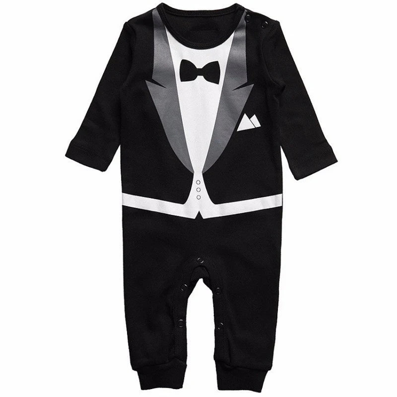 Mono de bebé estilo esmoquin de manga larga con estampado de pajarita, mono negro y blanco 