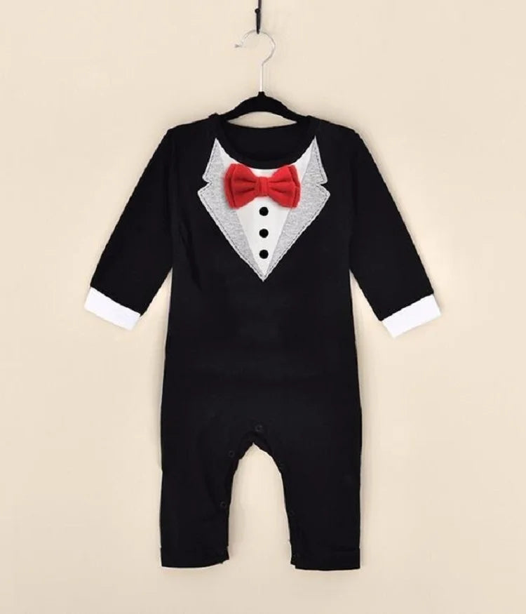 Mono de bebé estilo esmoquin de manga larga con estampado de pajarita, mono negro y blanco 