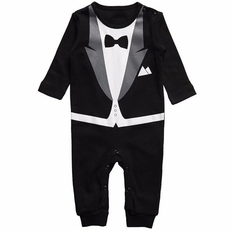 Mono de bebé estilo esmoquin de manga larga con estampado de pajarita, mono negro y blanco 