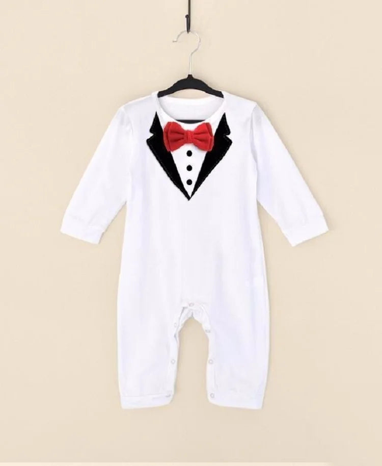 Mono de bebé estilo esmoquin de manga larga con estampado de pajarita, mono negro y blanco 