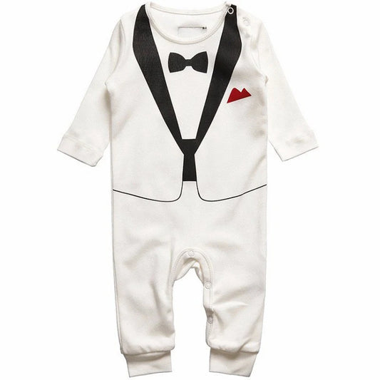 Baby Tuxedo Style Long Sleeve Romper Bowtie Print Onesie Jumpsuit Black White