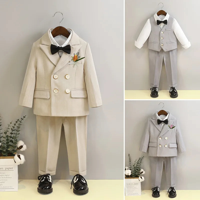 Boys Double Breasted Formal Suit with Bow Tie and Pants in Beige and Gray
