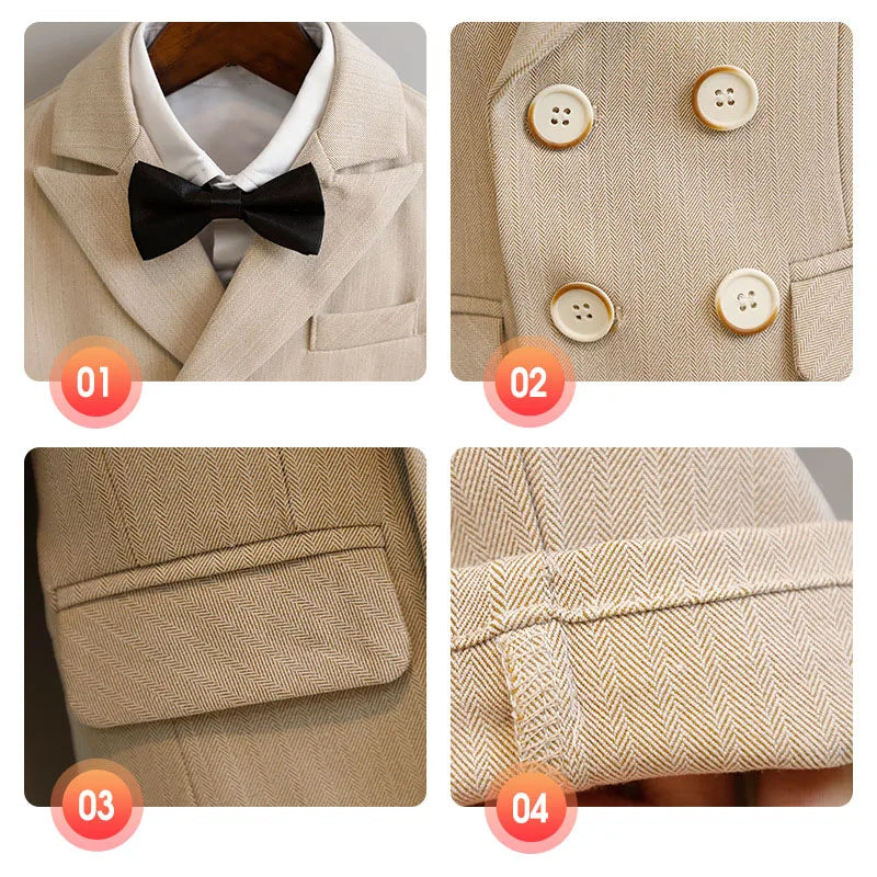 Boys Double Breasted Formal Suit with Bow Tie and Pants in Beige and Gray