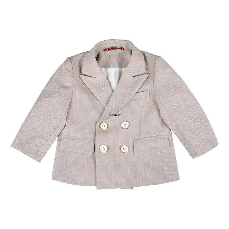 Boys Double Breasted Formal Suit with Bow Tie and Pants in Beige and Gray