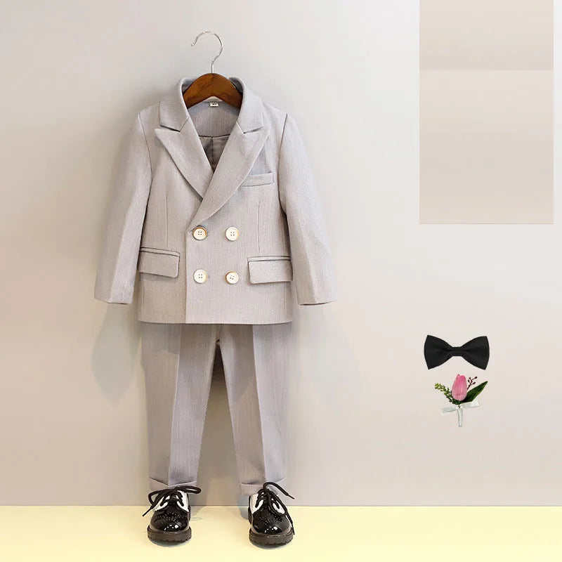 Boys Double Breasted Formal Suit with Bow Tie and Pants in Beige and Gray