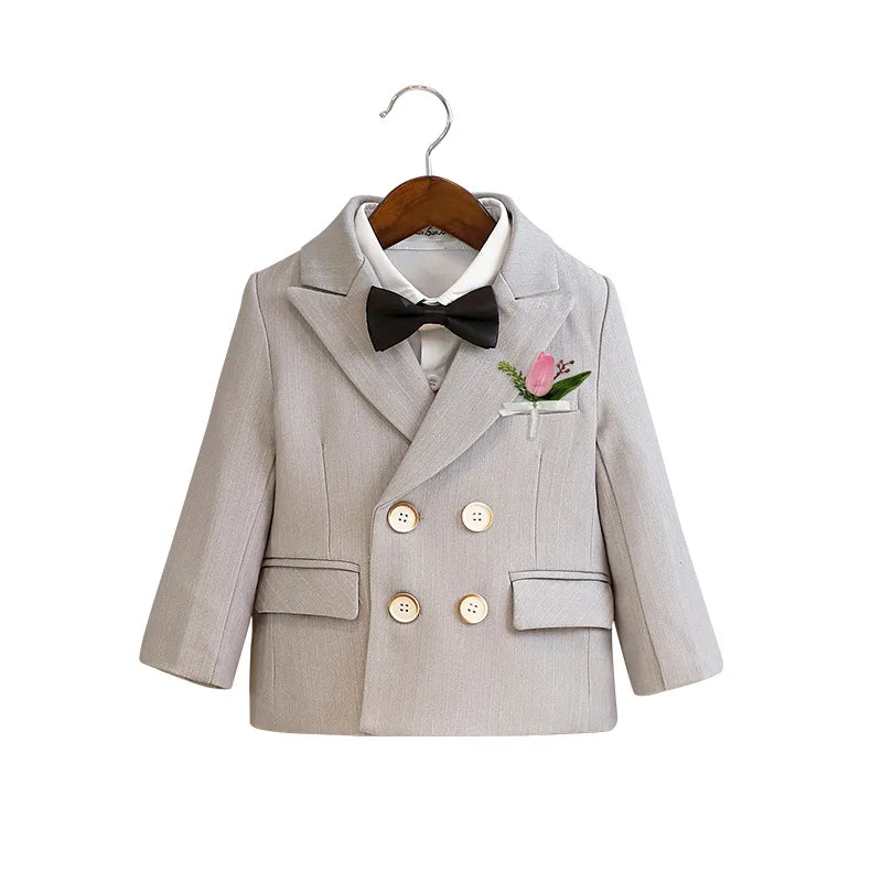 Boys Double Breasted Formal Suit with Bow Tie and Pants in Beige and Gray