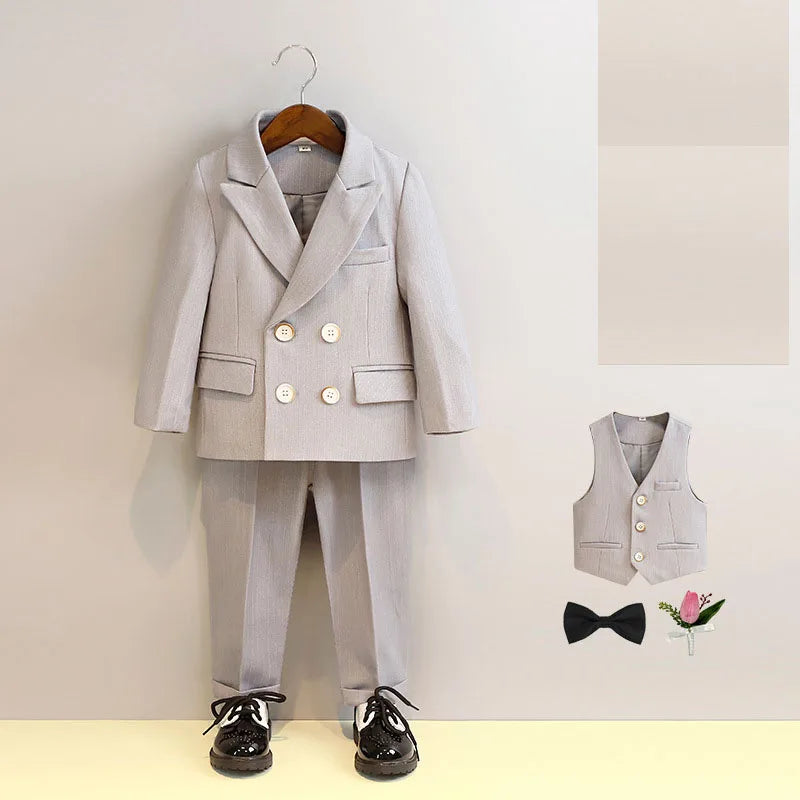 Boys Double Breasted Formal Suit with Bow Tie and Pants in Beige and Gray