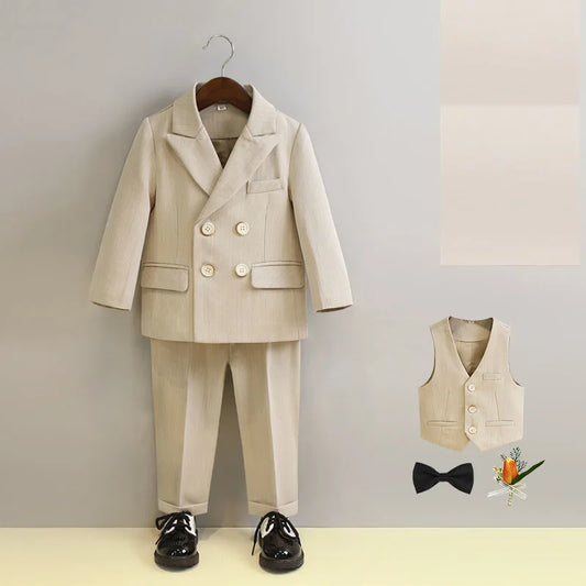 Boys Double Breasted Formal Suit with Bow Tie and Pants in Beige and Gray