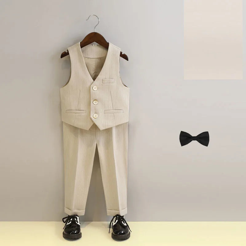 Boys Double Breasted Formal Suit with Bow Tie and Pants in Beige and Gray
