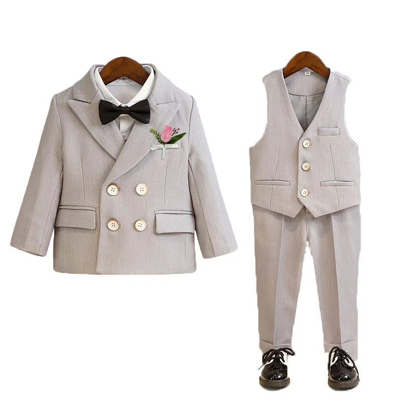 Boys Double Breasted Formal Suit with Bow Tie and Pants in Beige and Gray