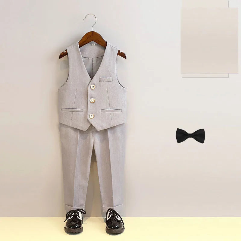 Boys Double Breasted Formal Suit with Bow Tie and Pants in Beige and Gray