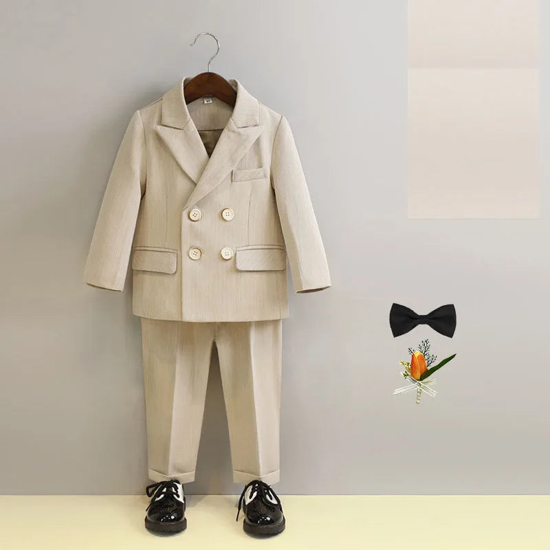 Boys Double Breasted Formal Suit with Bow Tie and Pants in Beige and Gray