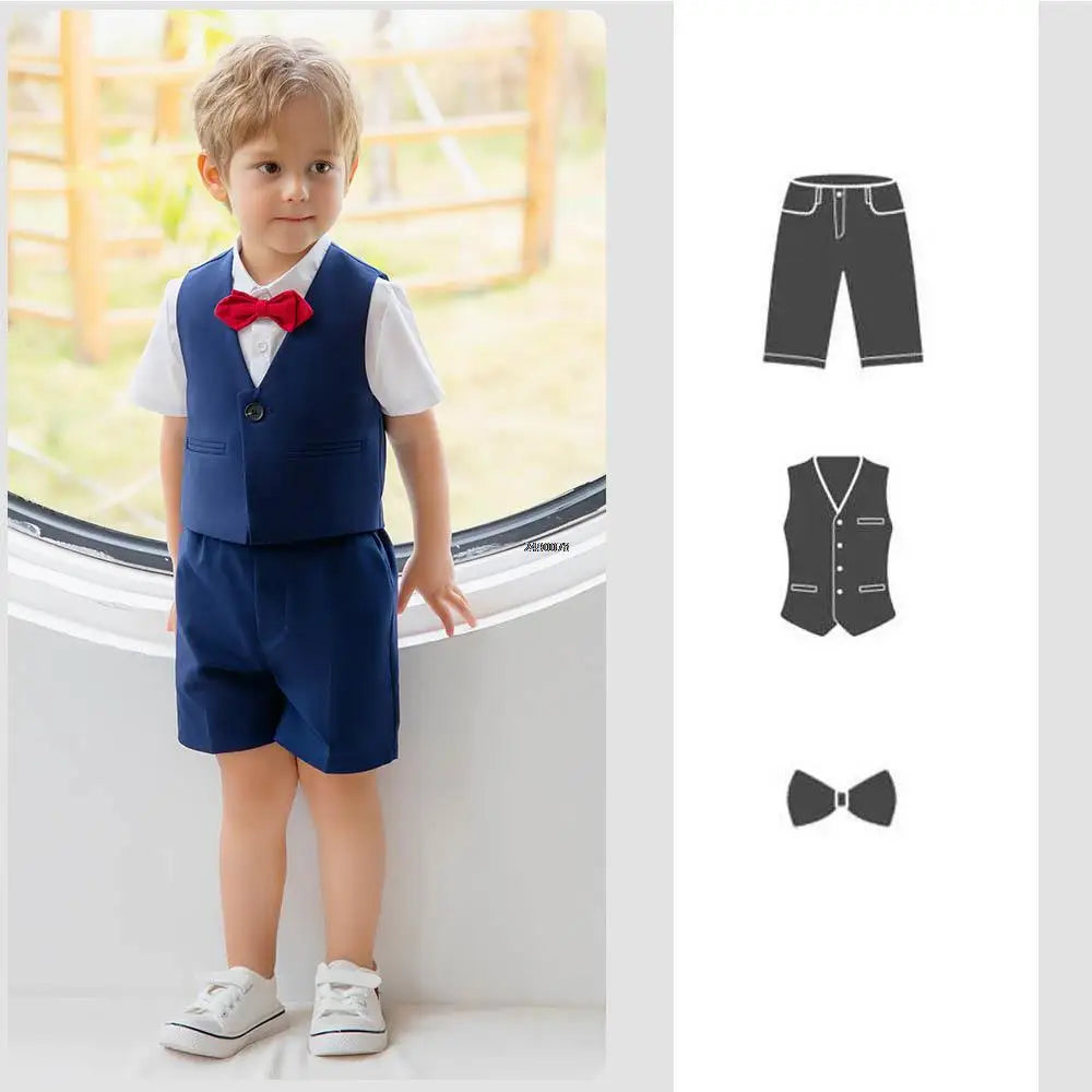 Costume formel bleu marine pour tout-petit garçon, gilet et short, avec chemise blanche et nœud papillon 