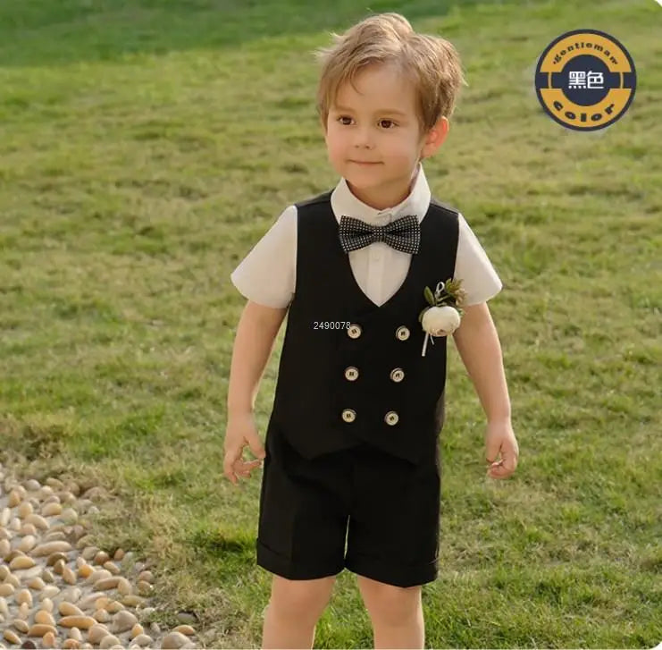 Costume formel bleu marine pour tout-petit garçon, gilet et short, avec chemise blanche et nœud papillon 